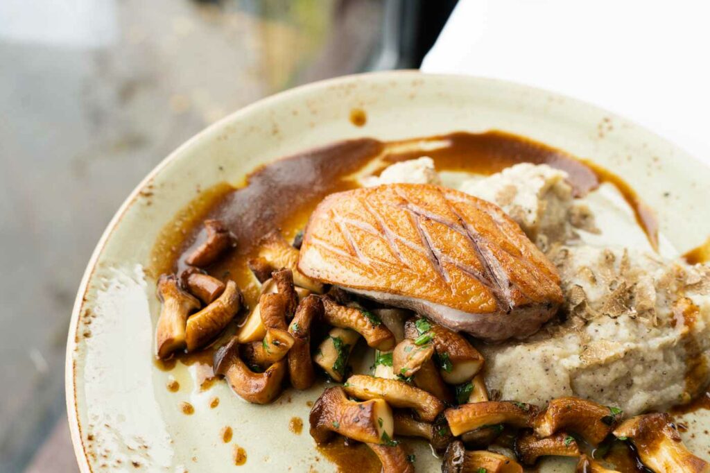 Fischgericht mit Pilzen, Kräutern und Sauce auf einem hellen Teller.